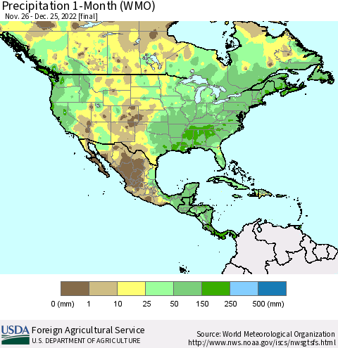 North America Precipitation 1-Month (WMO) Thematic Map For 11/26/2022 - 12/25/2022