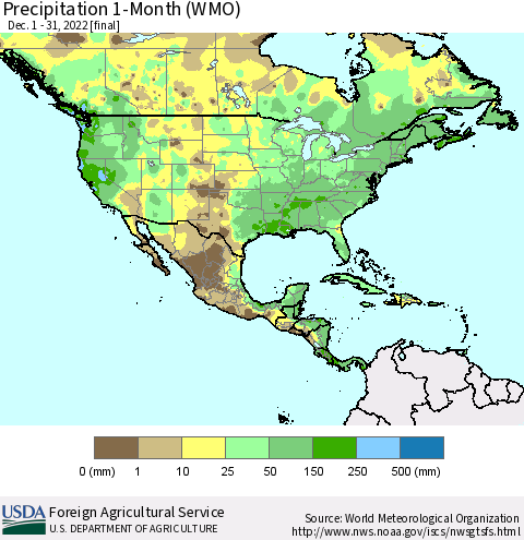 North America Precipitation 1-Month (WMO) Thematic Map For 12/1/2022 - 12/31/2022