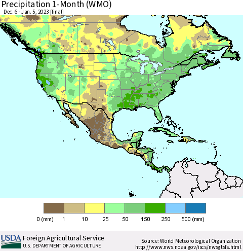 North America Precipitation 1-Month (WMO) Thematic Map For 12/6/2022 - 1/5/2023
