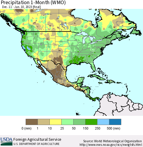North America Precipitation 1-Month (WMO) Thematic Map For 12/11/2022 - 1/10/2023