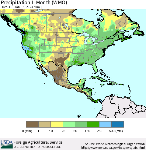 North America Precipitation 1-Month (WMO) Thematic Map For 12/16/2022 - 1/15/2023