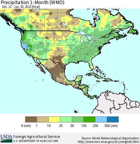 North America Precipitation 1-Month (WMO) Thematic Map For 12/21/2022 - 1/20/2023
