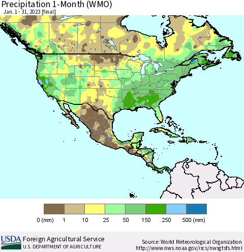 North America Precipitation 1-Month (WMO) Thematic Map For 1/1/2023 - 1/31/2023
