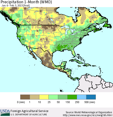 North America Precipitation 1-Month (WMO) Thematic Map For 1/6/2023 - 2/5/2023
