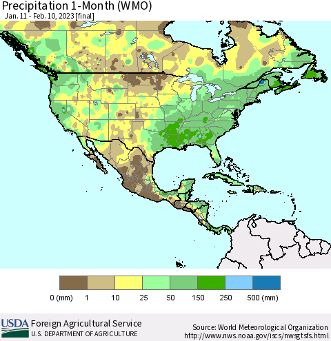 North America Precipitation 1-Month (WMO) Thematic Map For 1/11/2023 - 2/10/2023