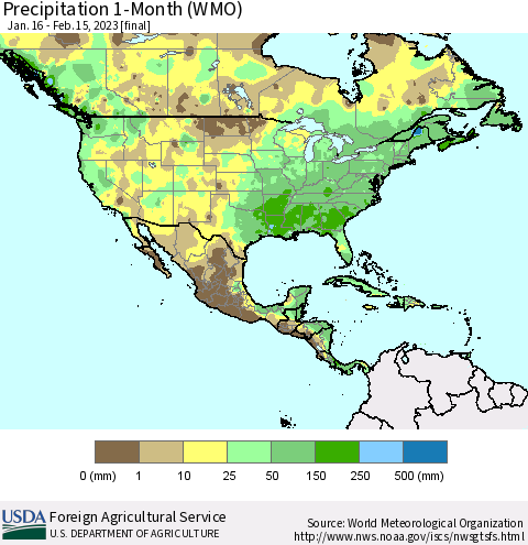 North America Precipitation 1-Month (WMO) Thematic Map For 1/16/2023 - 2/15/2023