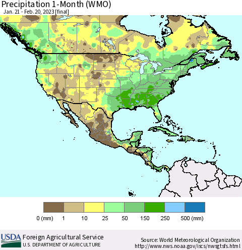 North America Precipitation 1-Month (WMO) Thematic Map For 1/21/2023 - 2/20/2023