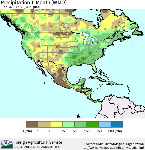 North America Precipitation 1-Month (WMO) Thematic Map For 1/26/2023 - 2/25/2023