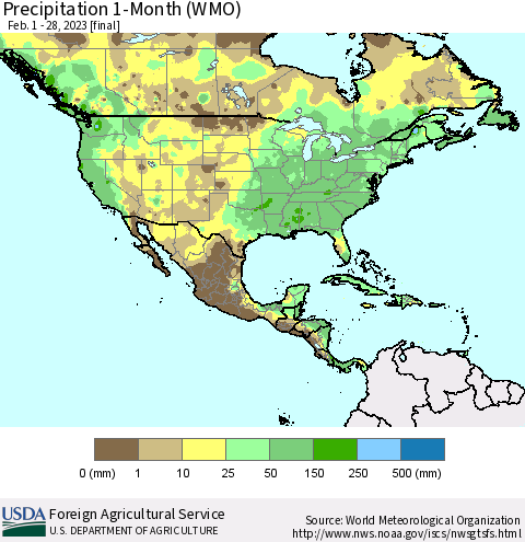 North America Precipitation 1-Month (WMO) Thematic Map For 2/1/2023 - 2/28/2023