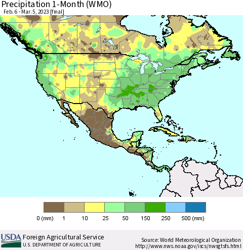 North America Precipitation 1-Month (WMO) Thematic Map For 2/6/2023 - 3/5/2023