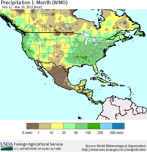 North America Precipitation 1-Month (WMO) Thematic Map For 2/11/2023 - 3/10/2023