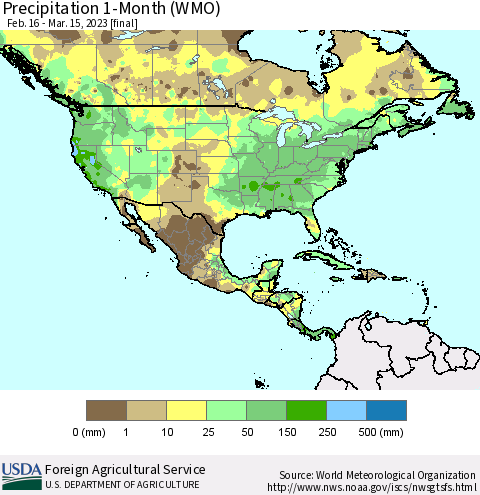 North America Precipitation 1-Month (WMO) Thematic Map For 2/16/2023 - 3/15/2023