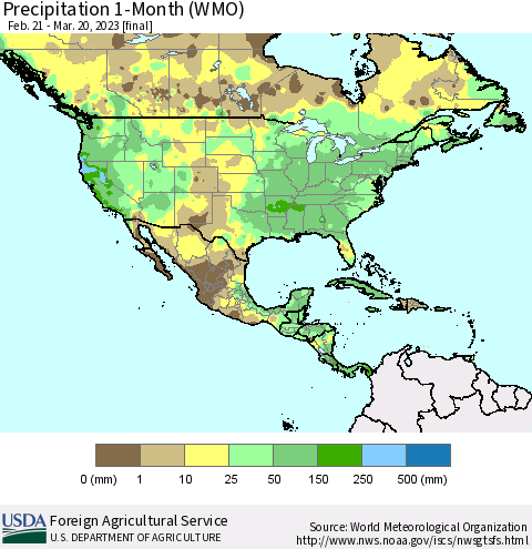 North America Precipitation 1-Month (WMO) Thematic Map For 2/21/2023 - 3/20/2023
