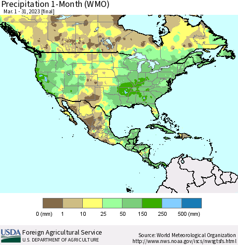 North America Precipitation 1-Month (WMO) Thematic Map For 3/1/2023 - 3/31/2023
