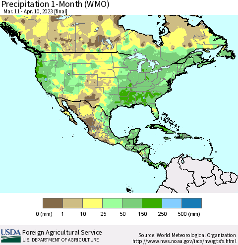 North America Precipitation 1-Month (WMO) Thematic Map For 3/11/2023 - 4/10/2023