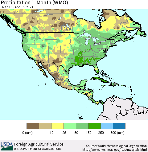 North America Precipitation 1-Month (WMO) Thematic Map For 3/16/2023 - 4/15/2023