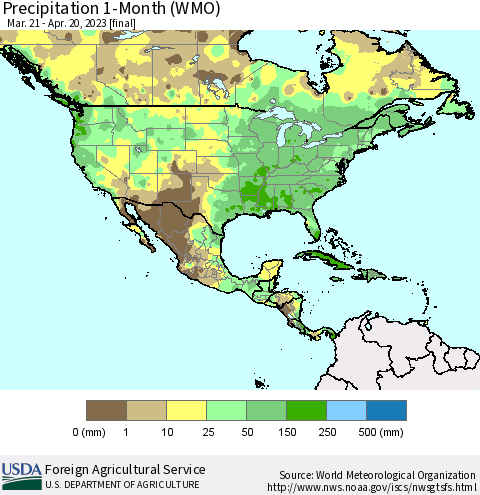 North America Precipitation 1-Month (WMO) Thematic Map For 3/21/2023 - 4/20/2023