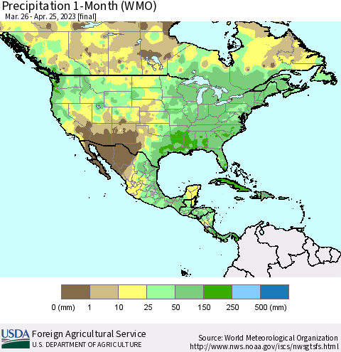 North America Precipitation 1-Month (WMO) Thematic Map For 3/26/2023 - 4/25/2023