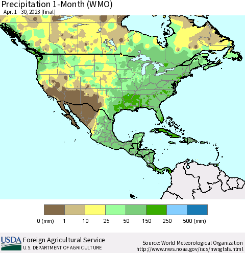 North America Precipitation 1-Month (WMO) Thematic Map For 4/1/2023 - 4/30/2023