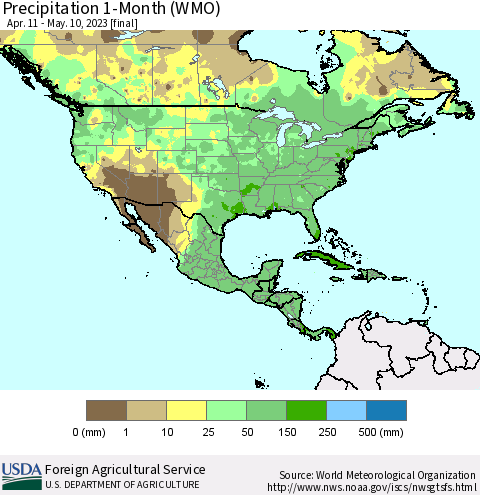 North America Precipitation 1-Month (WMO) Thematic Map For 4/11/2023 - 5/10/2023