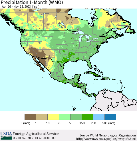 North America Precipitation 1-Month (WMO) Thematic Map For 4/16/2023 - 5/15/2023
