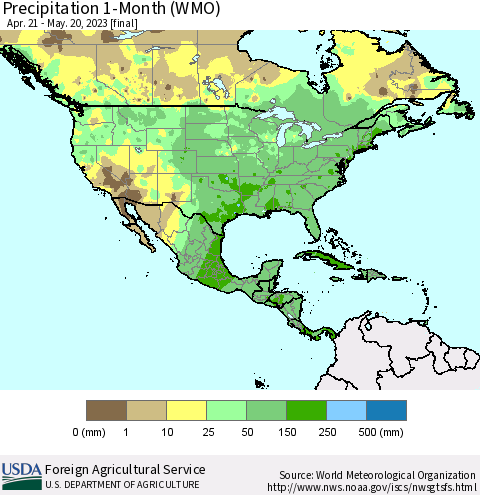 North America Precipitation 1-Month (WMO) Thematic Map For 4/21/2023 - 5/20/2023
