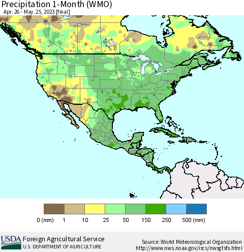 North America Precipitation 1-Month (WMO) Thematic Map For 4/26/2023 - 5/25/2023