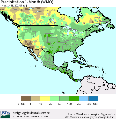 North America Precipitation 1-Month (WMO) Thematic Map For 5/1/2023 - 5/31/2023