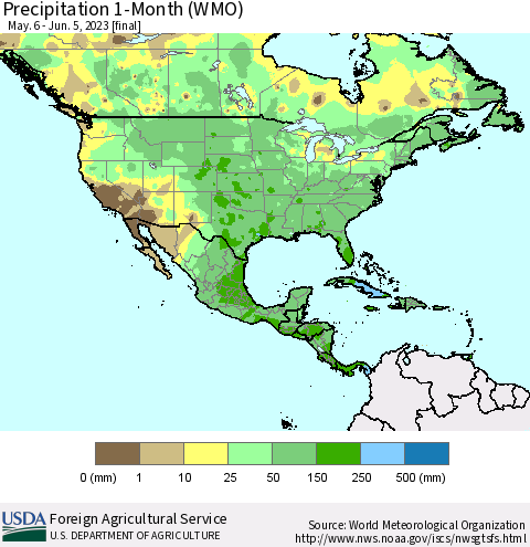 North America Precipitation 1-Month (WMO) Thematic Map For 5/6/2023 - 6/5/2023