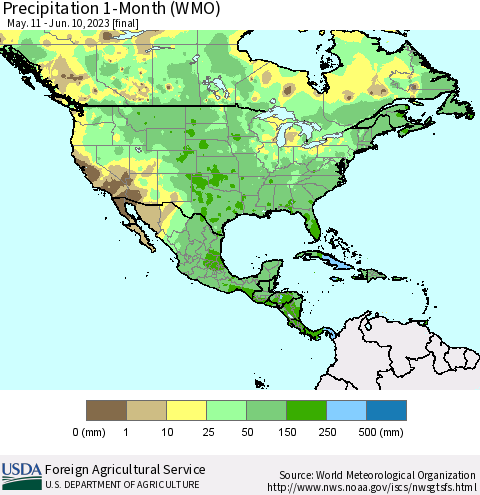 North America Precipitation 1-Month (WMO) Thematic Map For 5/11/2023 - 6/10/2023