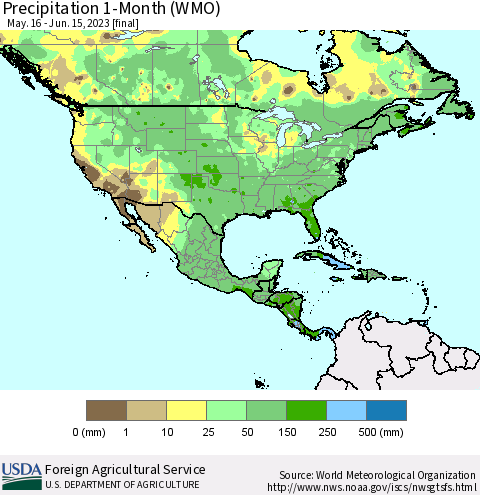 North America Precipitation 1-Month (WMO) Thematic Map For 5/16/2023 - 6/15/2023