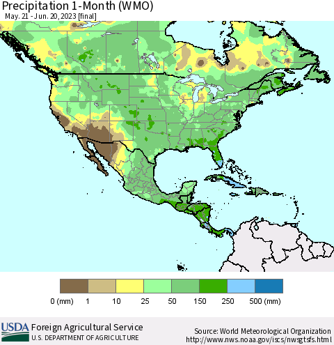 North America Precipitation 1-Month (WMO) Thematic Map For 5/21/2023 - 6/20/2023