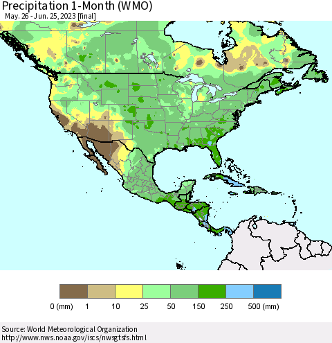 North America Precipitation 1-Month (WMO) Thematic Map For 5/26/2023 - 6/25/2023