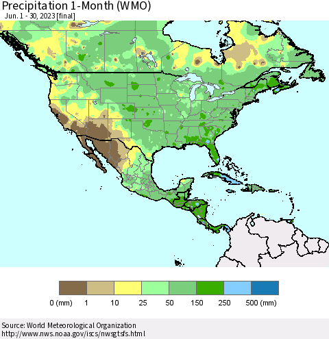 North America Precipitation 1-Month (WMO) Thematic Map For 6/1/2023 - 6/30/2023