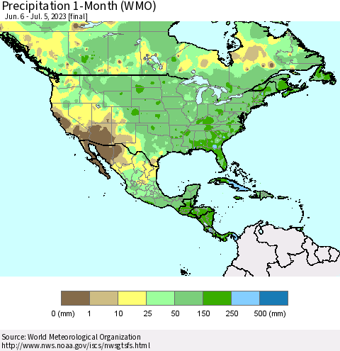 North America Precipitation 1-Month (WMO) Thematic Map For 6/6/2023 - 7/5/2023
