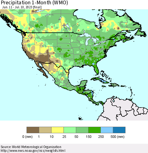 North America Precipitation 1-Month (WMO) Thematic Map For 6/11/2023 - 7/10/2023
