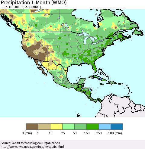North America Precipitation 1-Month (WMO) Thematic Map For 6/16/2023 - 7/15/2023