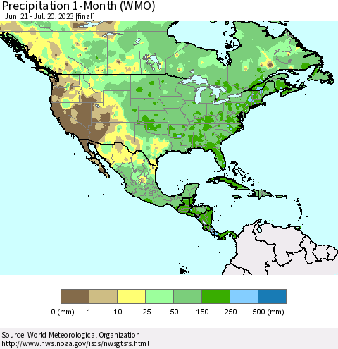North America Precipitation 1-Month (WMO) Thematic Map For 6/21/2023 - 7/20/2023