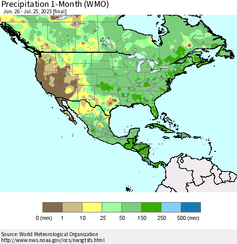 North America Precipitation 1-Month (WMO) Thematic Map For 6/26/2023 - 7/25/2023