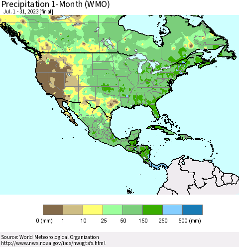 North America Precipitation 1-Month (WMO) Thematic Map For 7/1/2023 - 7/31/2023