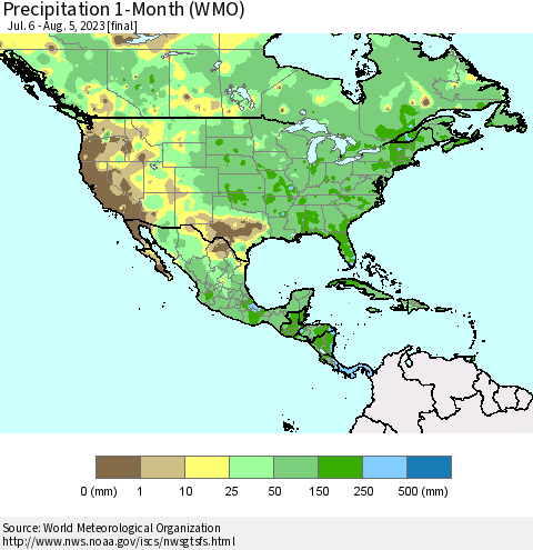 North America Precipitation 1-Month (WMO) Thematic Map For 7/6/2023 - 8/5/2023