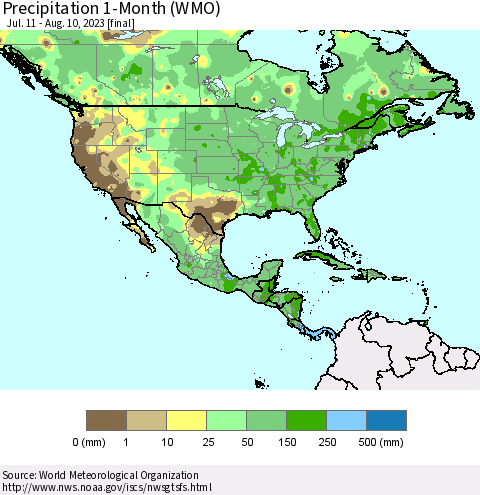 North America Precipitation 1-Month (WMO) Thematic Map For 7/11/2023 - 8/10/2023