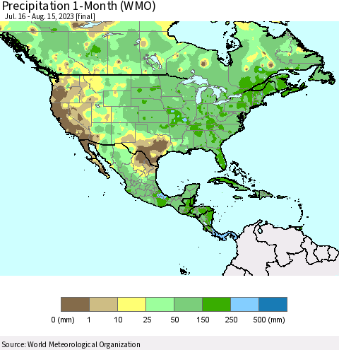 North America Precipitation 1-Month (WMO) Thematic Map For 7/16/2023 - 8/15/2023