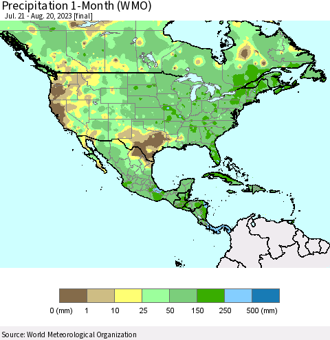 North America Precipitation 1-Month (WMO) Thematic Map For 7/21/2023 - 8/20/2023