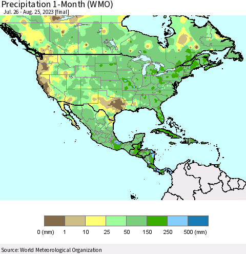 North America Precipitation 1-Month (WMO) Thematic Map For 7/26/2023 - 8/25/2023