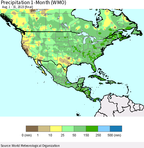 North America Precipitation 1-Month (WMO) Thematic Map For 8/1/2023 - 8/31/2023