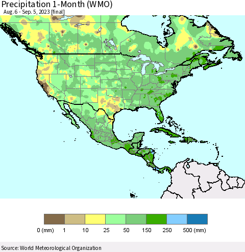 North America Precipitation 1-Month (WMO) Thematic Map For 8/6/2023 - 9/5/2023