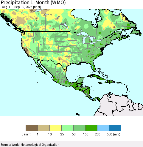 North America Precipitation 1-Month (WMO) Thematic Map For 8/11/2023 - 9/10/2023