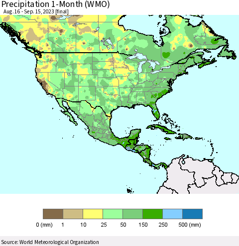 North America Precipitation 1-Month (WMO) Thematic Map For 8/16/2023 - 9/15/2023
