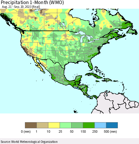 North America Precipitation 1-Month (WMO) Thematic Map For 8/21/2023 - 9/20/2023